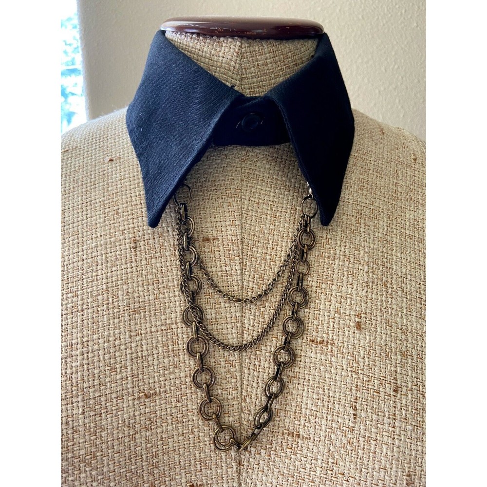 Fabric Black Faux Shirt Dickie Collar Necklace with Brass Chain